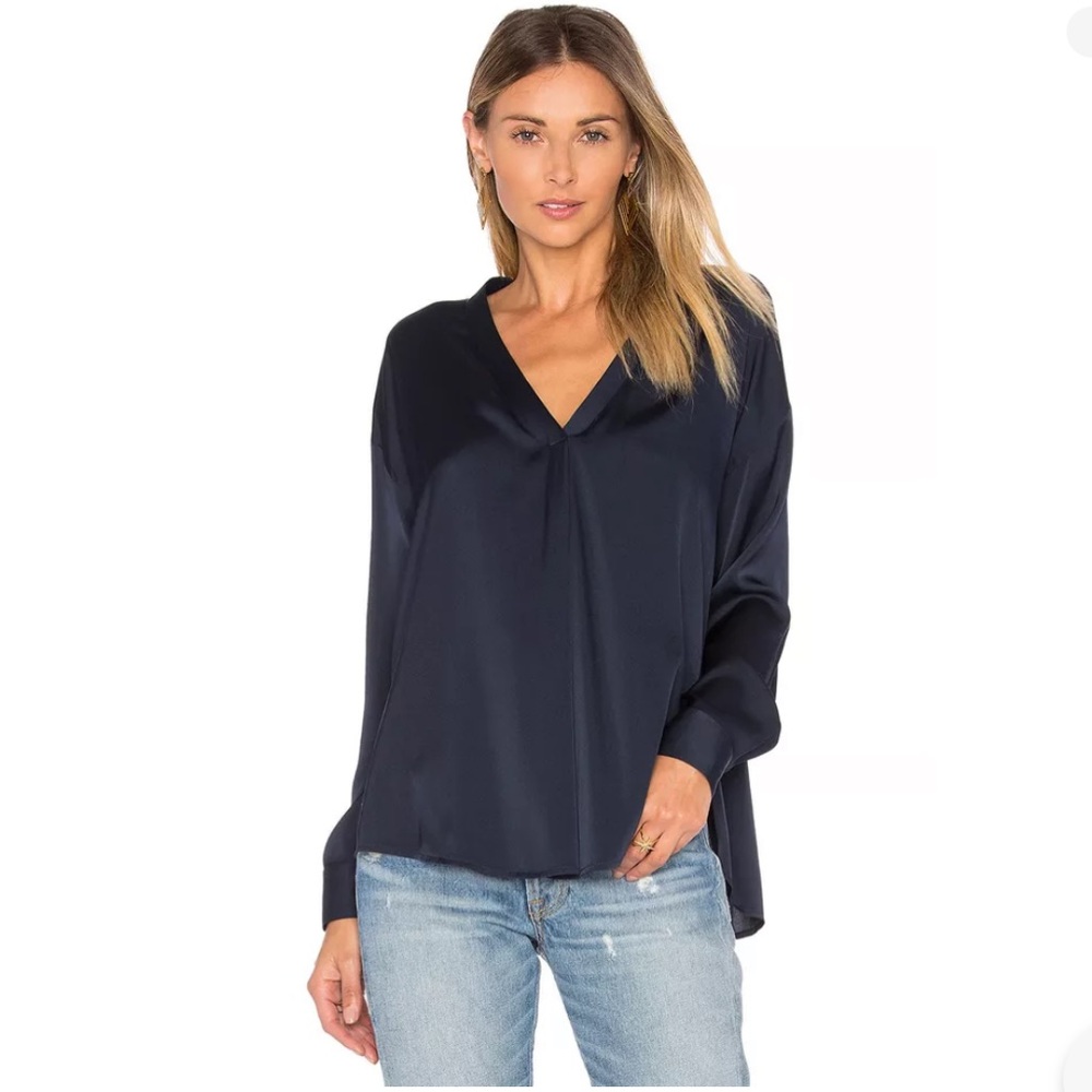Vince Navy Satin V-Neck Blouse